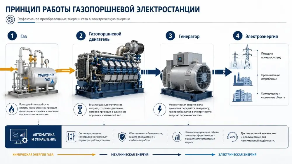 Схема принципа работы газопоршневой электростанции