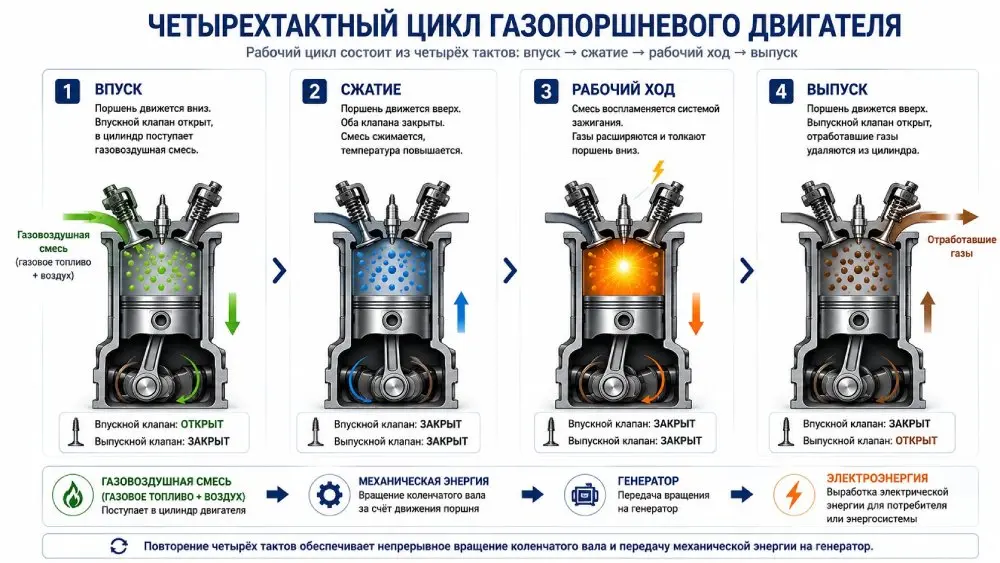 Схема четырехтактного цикла газопоршневого двигателя